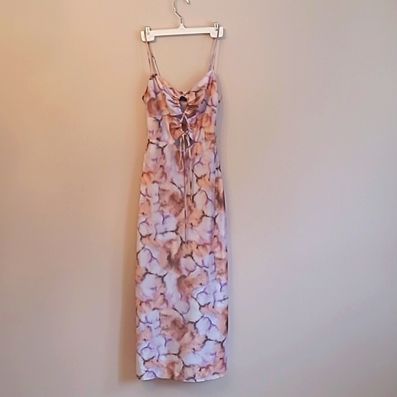 Dynamite Midi Tie Dye Satin Dress With Cutout/Tie Front Detail Size XXS - Picture 2 of 6